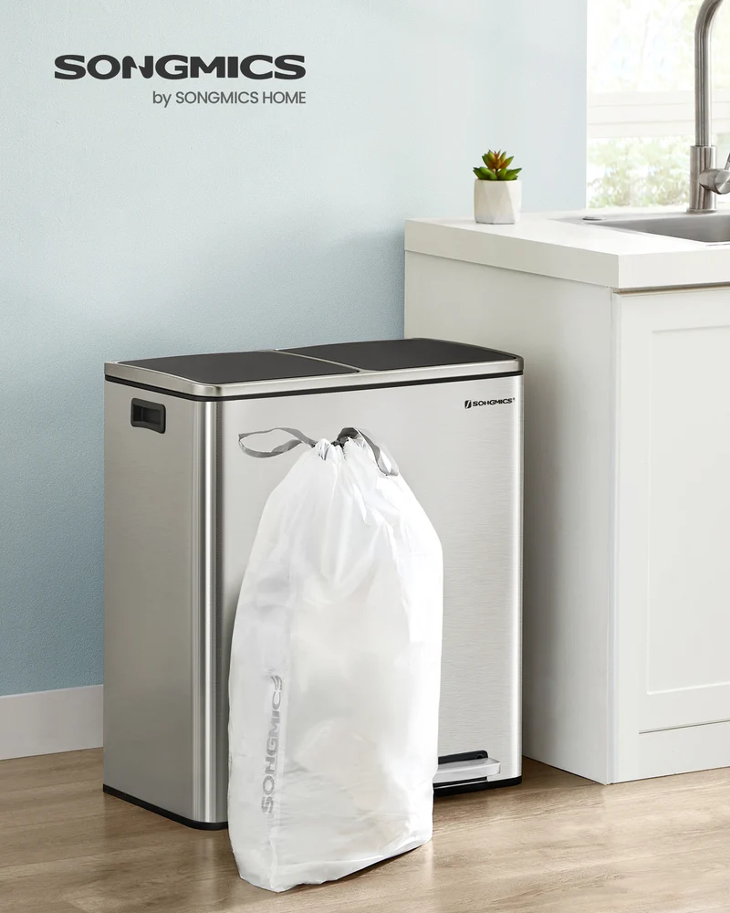 0.8 mil Heavy-Duty Trash Bags - 44lb Capacity, Tear & Leak Proof, Pre-Separated, Drawstring Closure, Fits SONGMICS 8 Gal Can (30A, 4x45 Rolls), White