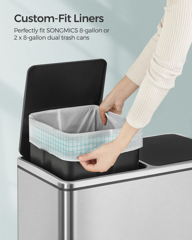 SONGMICS 180 Count Trash Bags, for 8-Gallon Trash Cans, Drawstring Kitchen Garbage Bags, Pre-Separated, Liner Code 30A, 4 Rolls, White