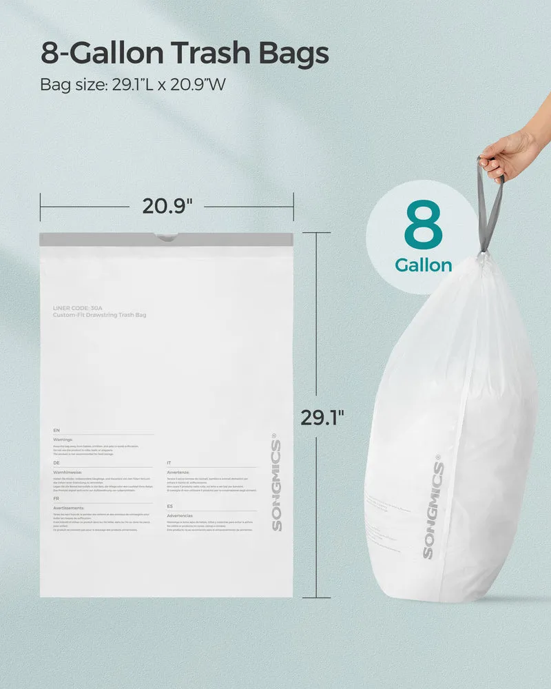 SONGMICS 180 Count Trash Bags, for 8-Gallon Trash Cans, Drawstring Kitchen Garbage Bags, Pre-Separated, Liner Code 30A, 4 Rolls, White