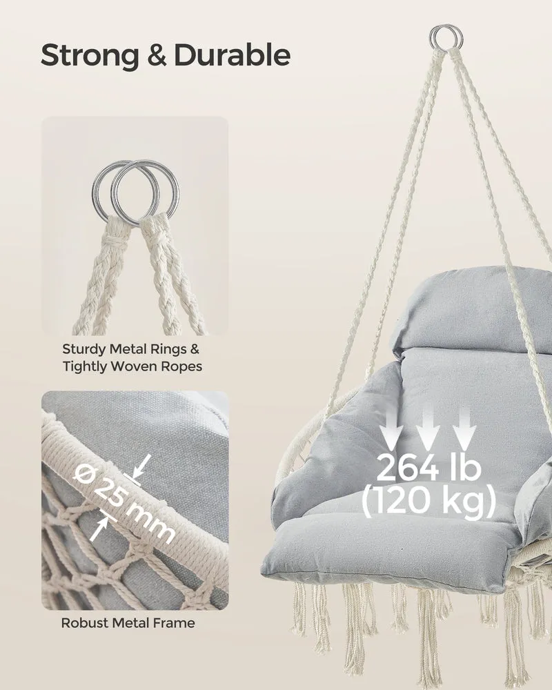 SONGMICS Hanging Chair, Hammock Chair with Large, Thick Cushion, Boho Swing Chair Cloud White and Gray