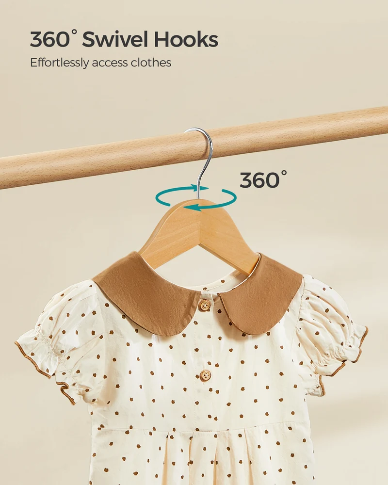 10-Pack Kids Wooden Hangers with Pants Bar & Swivel Hook, 12.6 x 7.5 Inch Children's Closet Organizers with Shoulder Notches, Natural and Silver
