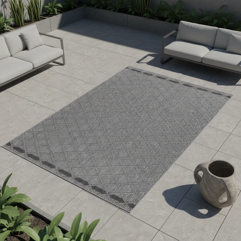 Outdoor-Teppich Feinraute mit Bordüre – Waschbar, Wetterfest & Elegant für Terrasse