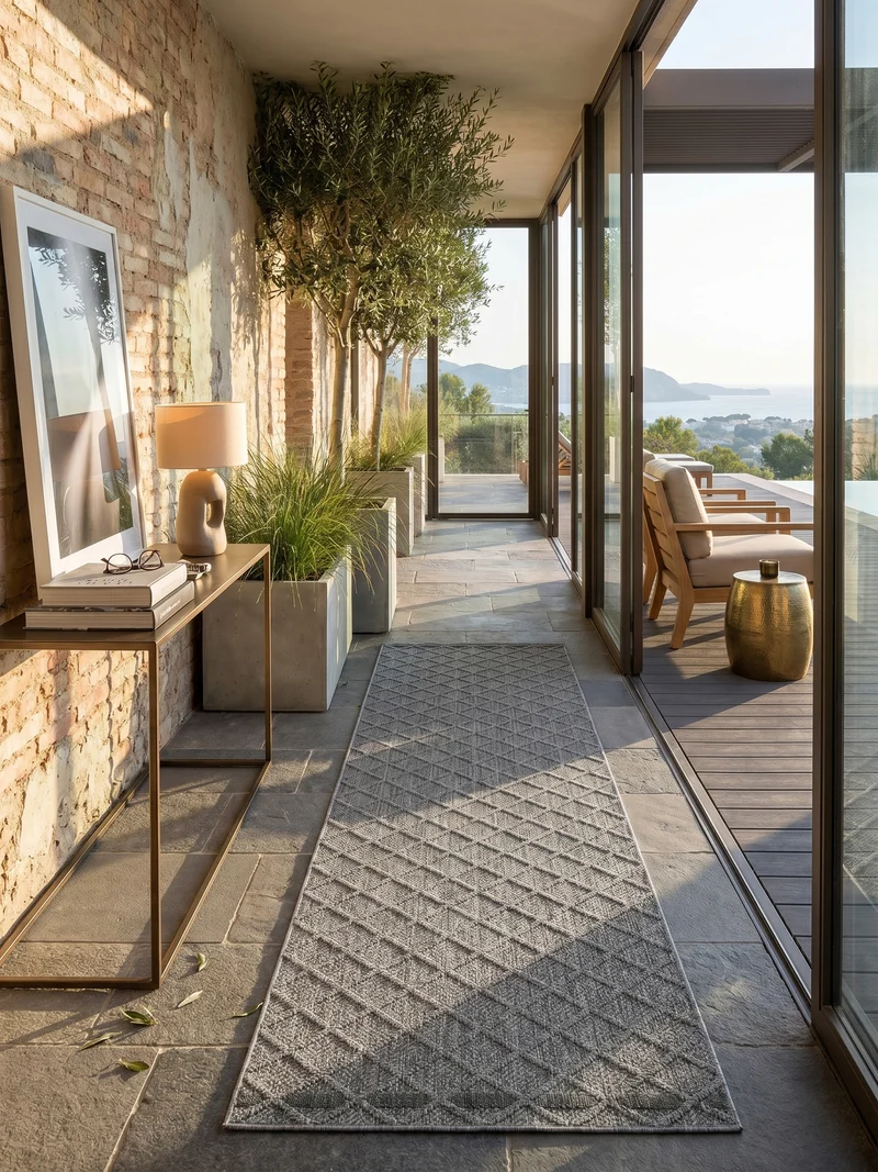 Outdoor-Teppich Feinraute mit Bordüre – Waschbar, Wetterfest & Elegant für Terrasse