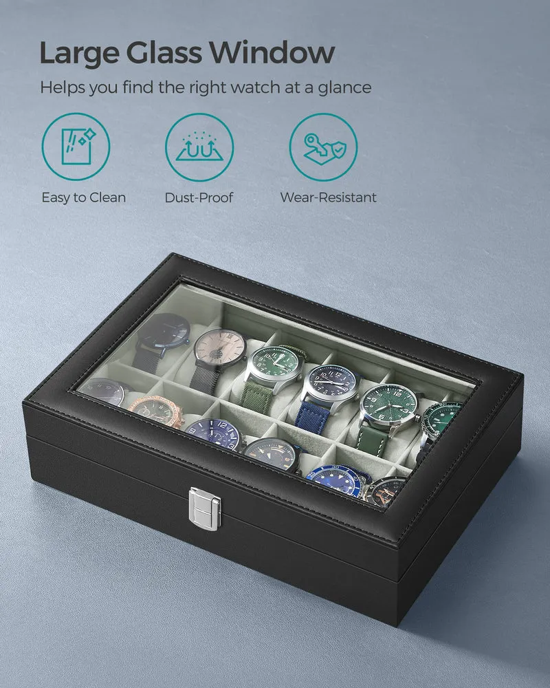 12-Slot Watch Box Display Case Watch Holder for Men and Women Organizer Jewelry Collection Storage Gray Lining