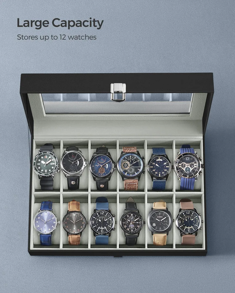 12-Slot Watch Box Display Case Watch Holder for Men and Women Organizer Jewelry Collection Storage Gray Lining
