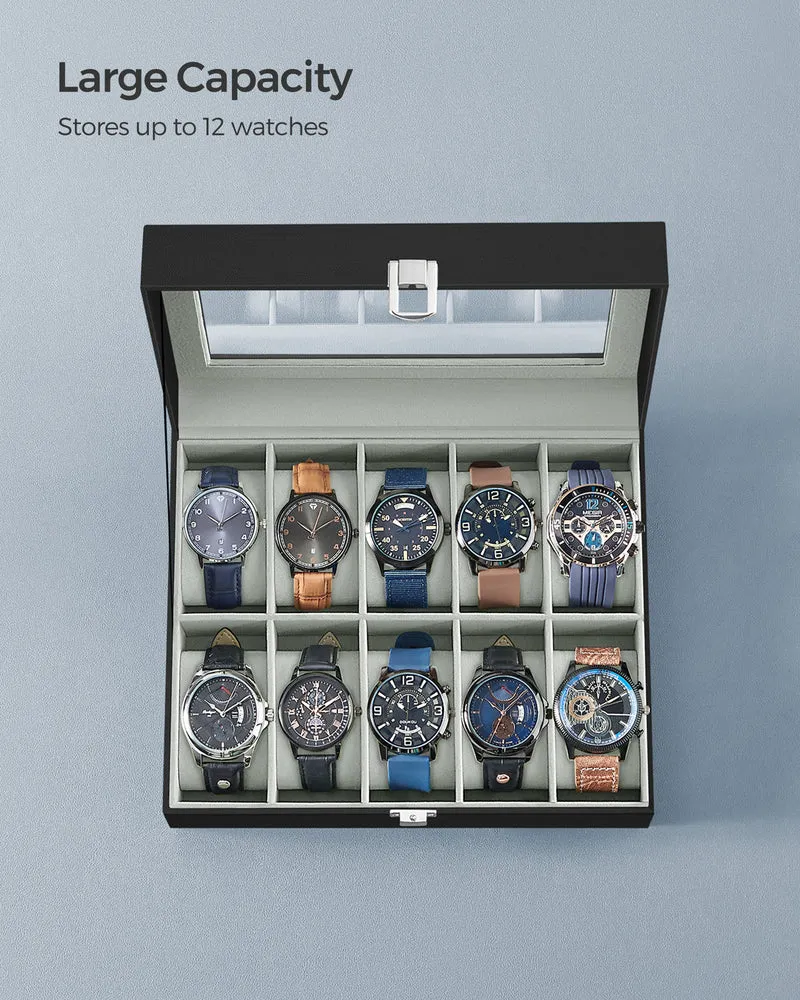 Watch Box, 10-Slot Watch Case with Large Glass Lid, Removable Watch Pillows, Watch Box Organizer, Black Synthetic Leather, Gray Lining
