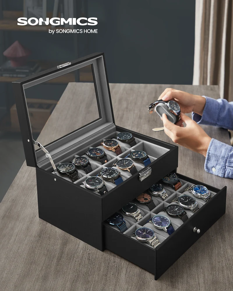SONGMICS 20-Slot Watch Box, Watch Case, 2 Layers, Lockable Watch Display Case, Black and Gray