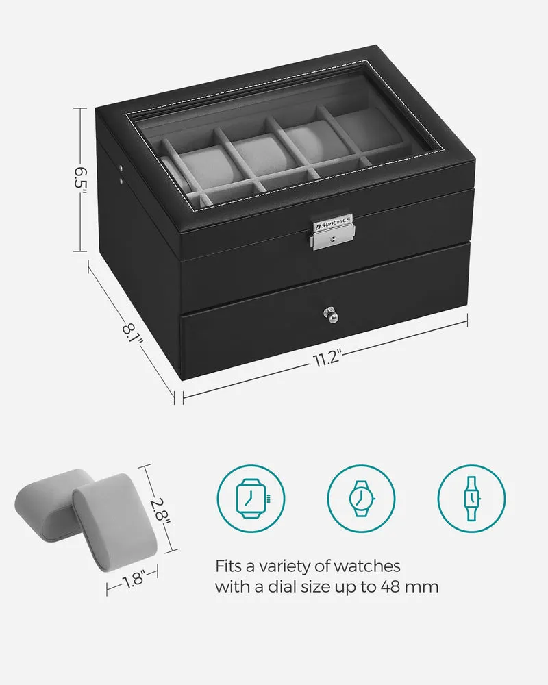 SONGMICS 20-Slot Watch Box, Watch Case, 2 Layers, Lockable Watch Display Case, Black and Gray