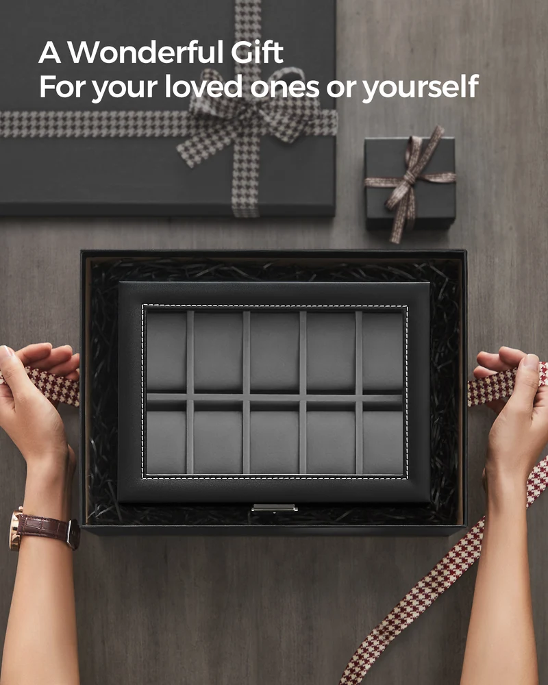 SONGMICS 20-Slot Watch Box, Watch Case, 2 Layers, Lockable Watch Display Case, Black and Gray