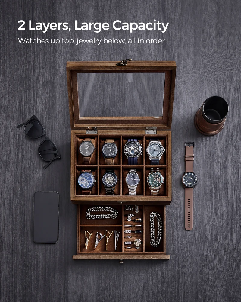 LEDREM 8-Slot Watch Box 2-Tier Watch Display Case Jewelry Storage Holder for Dad Rustic Walnut, for man gift