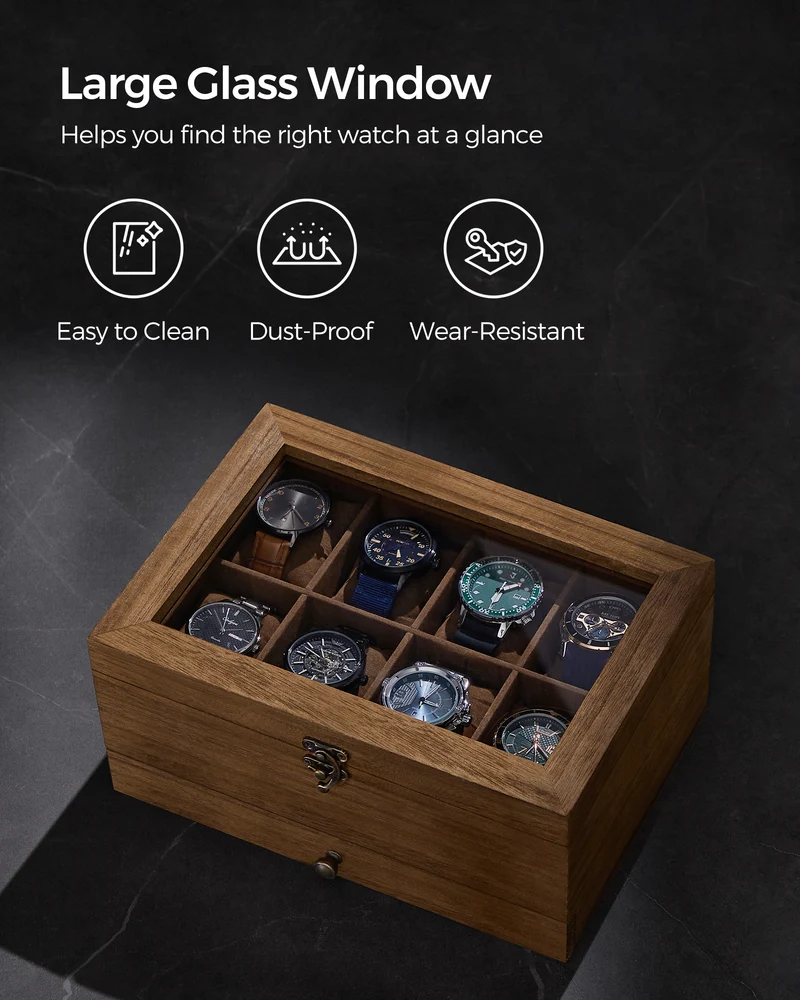 LEDREM 8-Slot Watch Box 2-Tier Watch Display Case Jewelry Storage Holder for Dad Rustic Walnut, for man gift