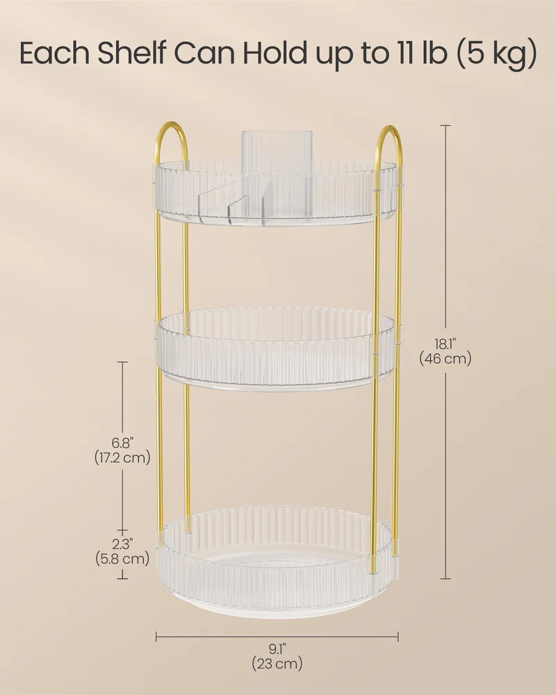 3-Tier Rotating Makeup Organizer, Round Skincare Lazy Susan with Adjustable Shelves, Transparent Countertop Storage