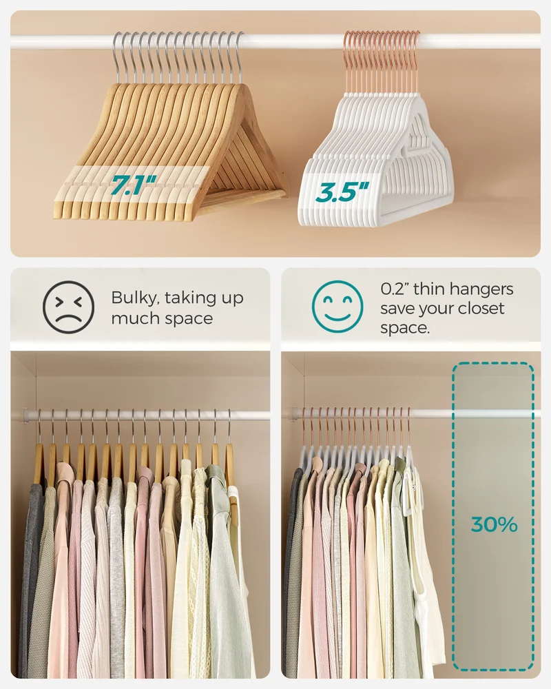 SONGMICS Velvet Hangers, Set of 50 Clothes Hanger with Rose Gold Swivel Hook, and Space-Saving, 17.1-Inch Long Cloud White