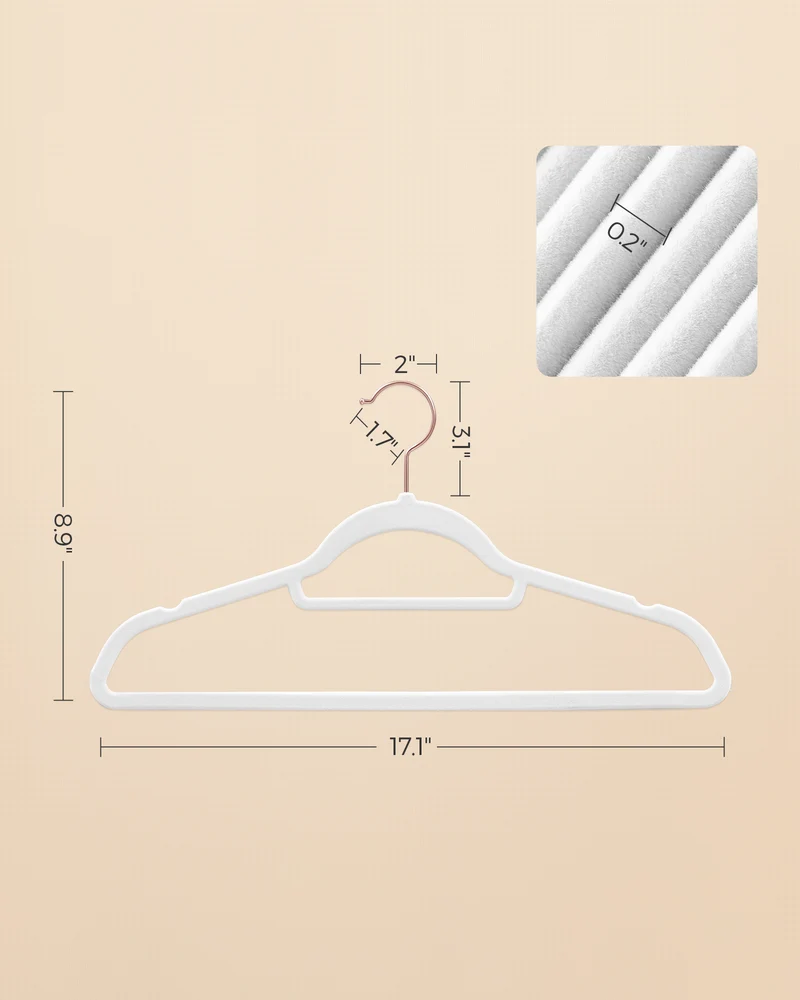 SONGMICS Velvet Hangers, Set of 50 Clothes Hanger with Rose Gold Swivel Hook, and Space-Saving, 17.1-Inch Long Cloud White