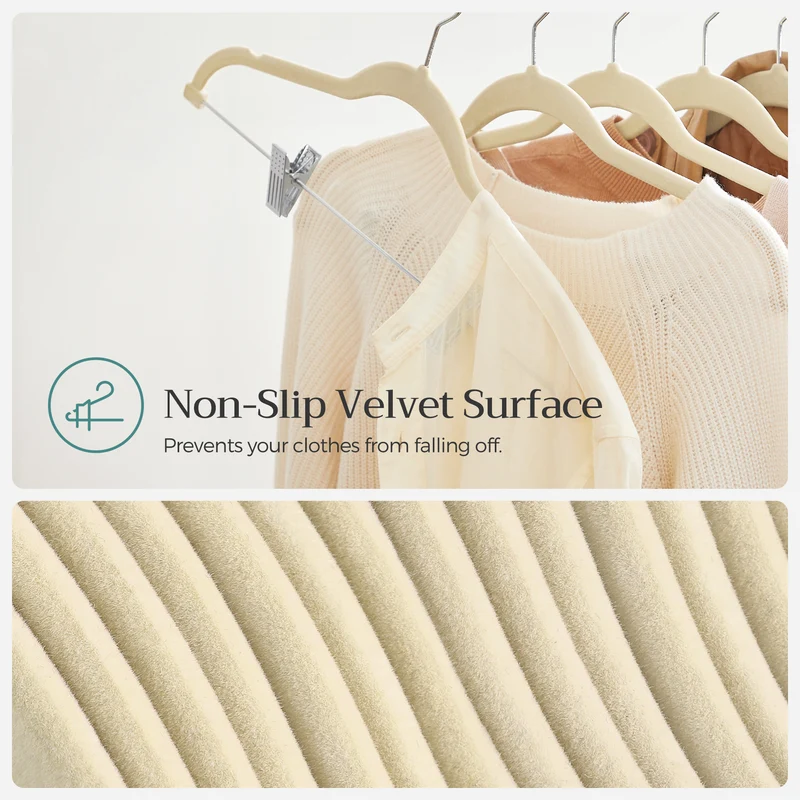 SONGMICS 30 Pack Skirt Pants Hangers Velvet Clips Hangers with Adjustable Clips Non-Slip Beige