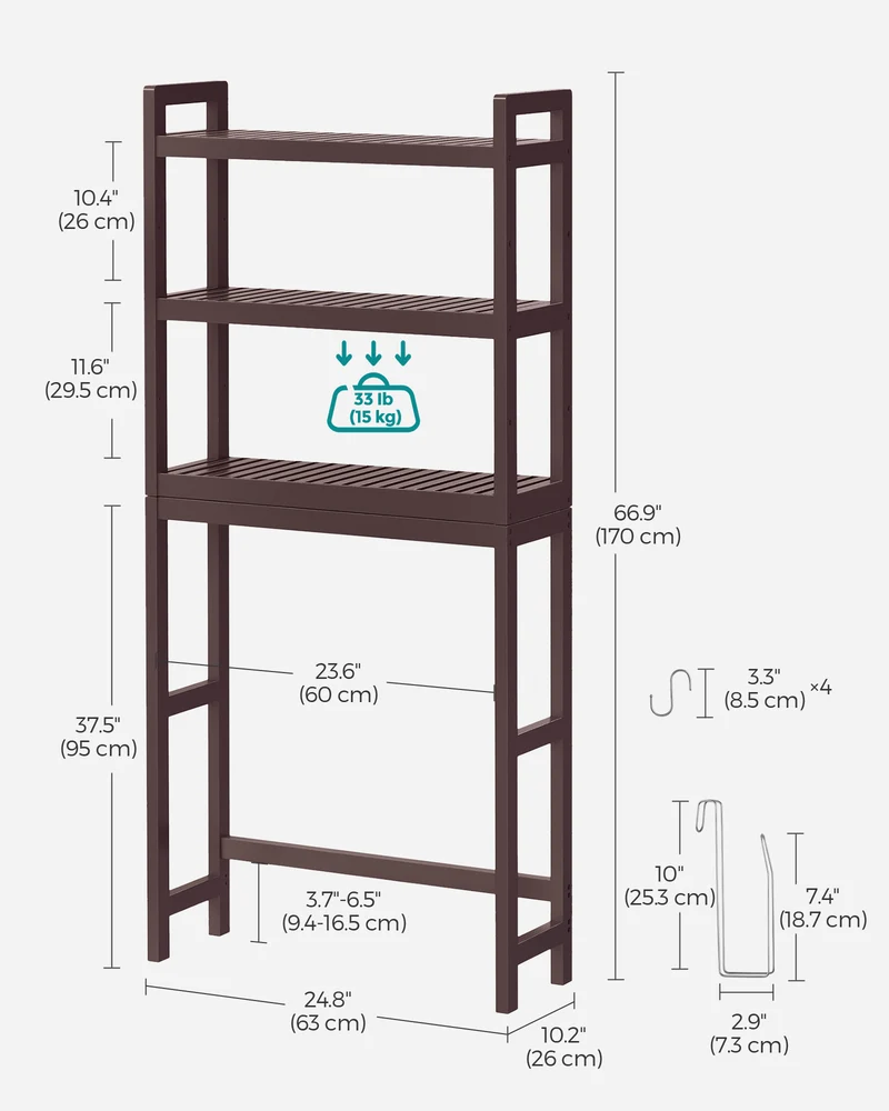 SONGMICS Over The Toilet Storage Bamboo 3-Tier Over-The-Toilet Space Saver Organizer Rack Stable Freestanding Brown
