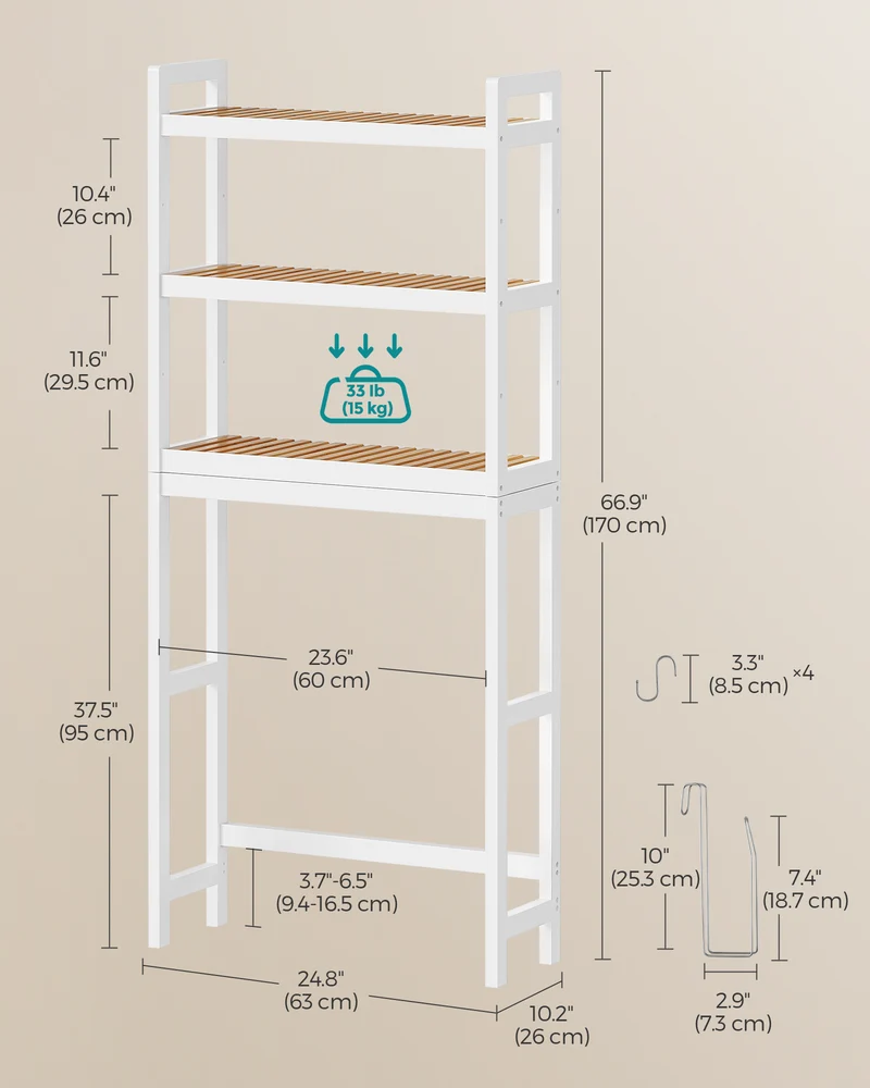 SONGMICS Over The Toilet Storage, 3-Tier Over Toilet Bathroom Organizer with Adjustable Shelf, Fit Most Toilets, Cloud White and Natural Beige