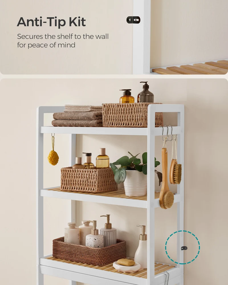 SONGMICS Over The Toilet Storage, 3-Tier Over Toilet Bathroom Organizer with Adjustable Shelf, Fit Most Toilets, Cloud White and Natural Beige