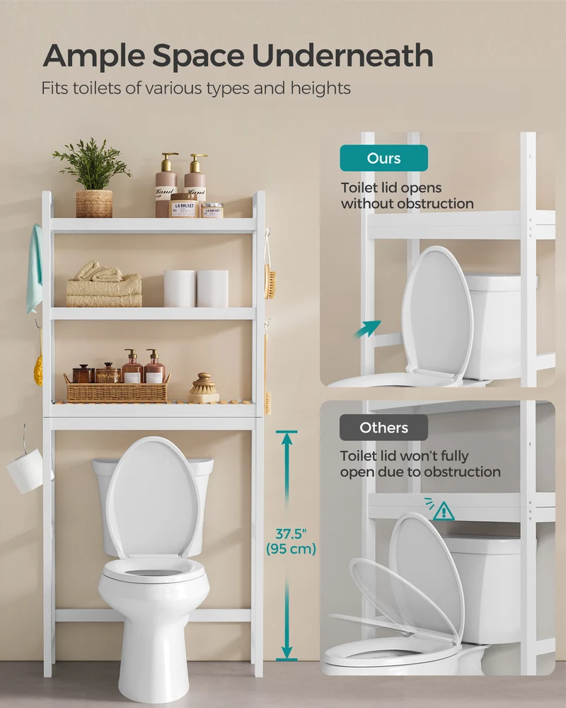 SONGMICS Over The Toilet Storage, 3-Tier Over Toilet Bathroom Organizer with Adjustable Shelf, Fit Most Toilets, Cloud White and Natural Beige
