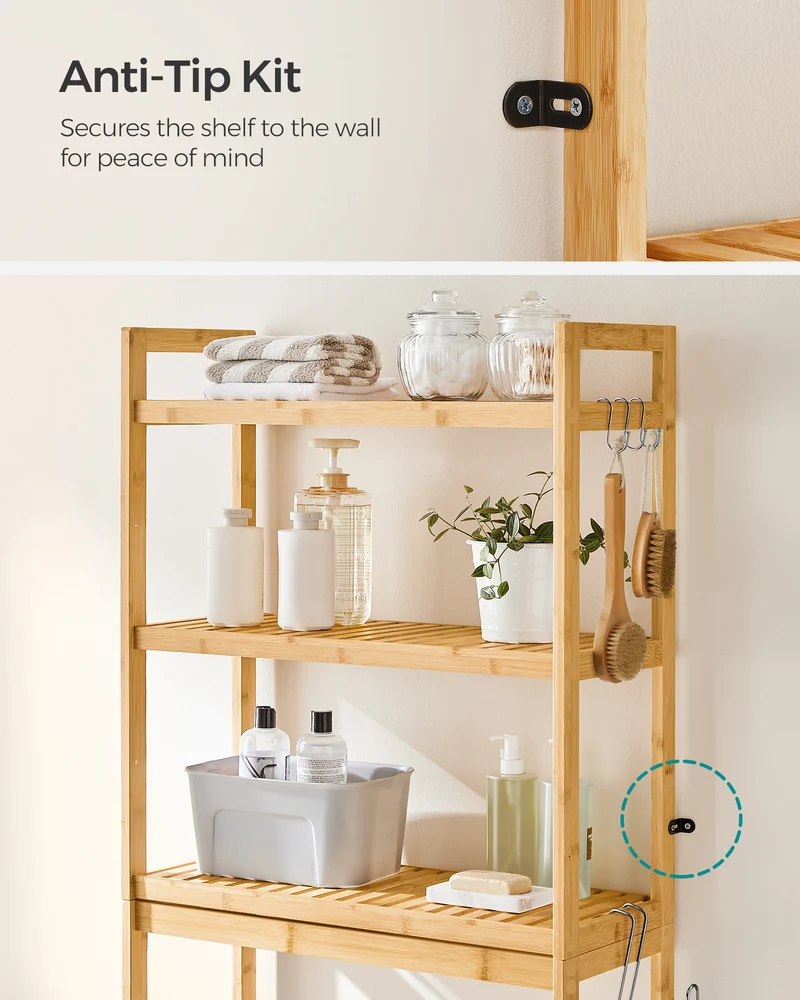 SONGMICS Over The Toilet Storage, 3-Tier Over Toilet Bathroom Organizer with Adjustable Shelf, Fit Most Toilets, Natural