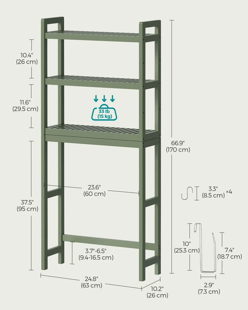 SONGMICS 3-Tier Over The Toilet Storage Bamboo Over Toilet Bathroom Organizer Forest Green