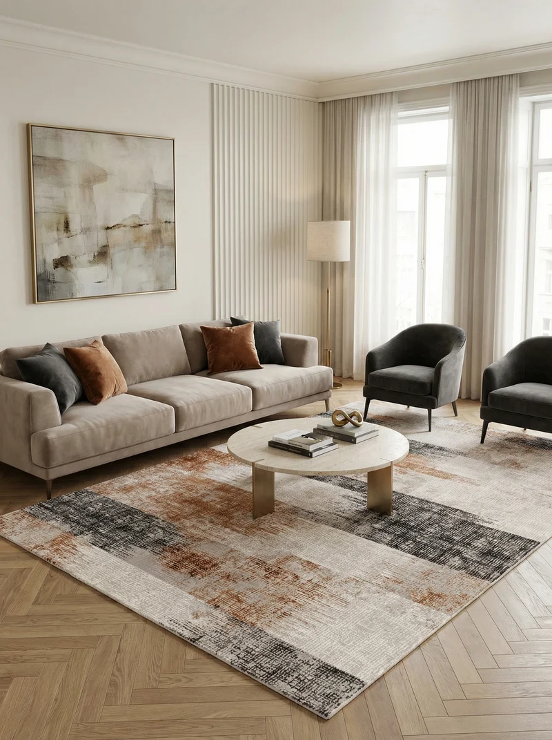 Teppich Velours geometrisch abstrakt pflegeleicht rutschfest Dunkelblau/Terrakotta