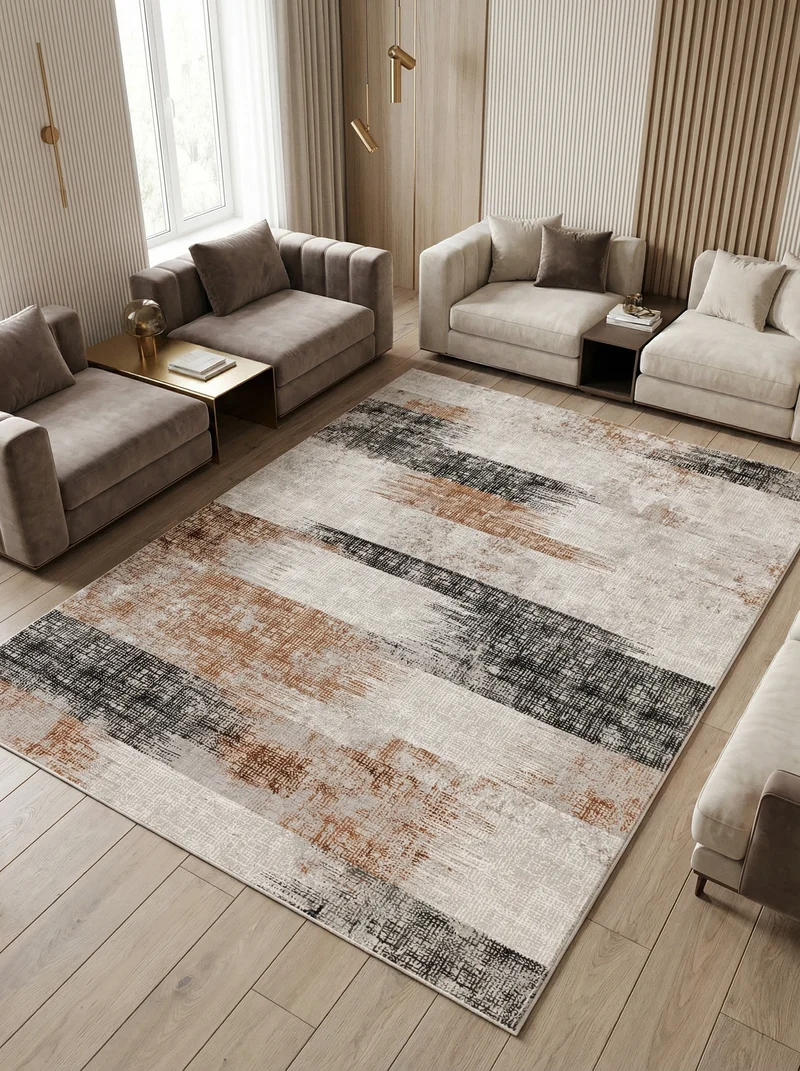 Teppich Velours geometrisch abstrakt pflegeleicht rutschfest Dunkelblau/Terrakotta