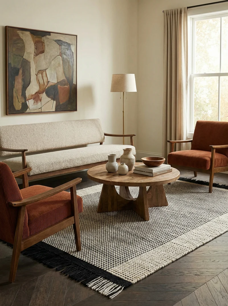 Teppich Wolle handgewebt mit Korbmuster Fransen Olivgrün/Terrakotta/Schwarz-Weiß