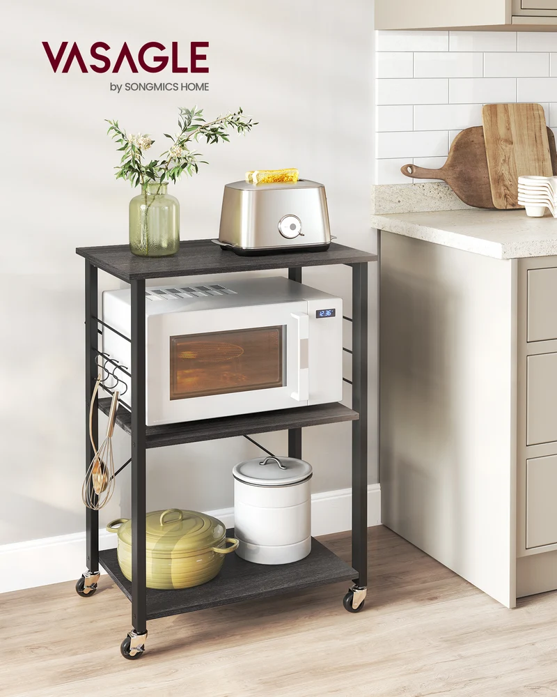 Kitchen Shelf on Wheels, Serving Cart with 3 Shelves, Kitchen Cart, Microwave Shelf, for Mini Oven, Toaster, with 6 Hooks, Industrial Stylee