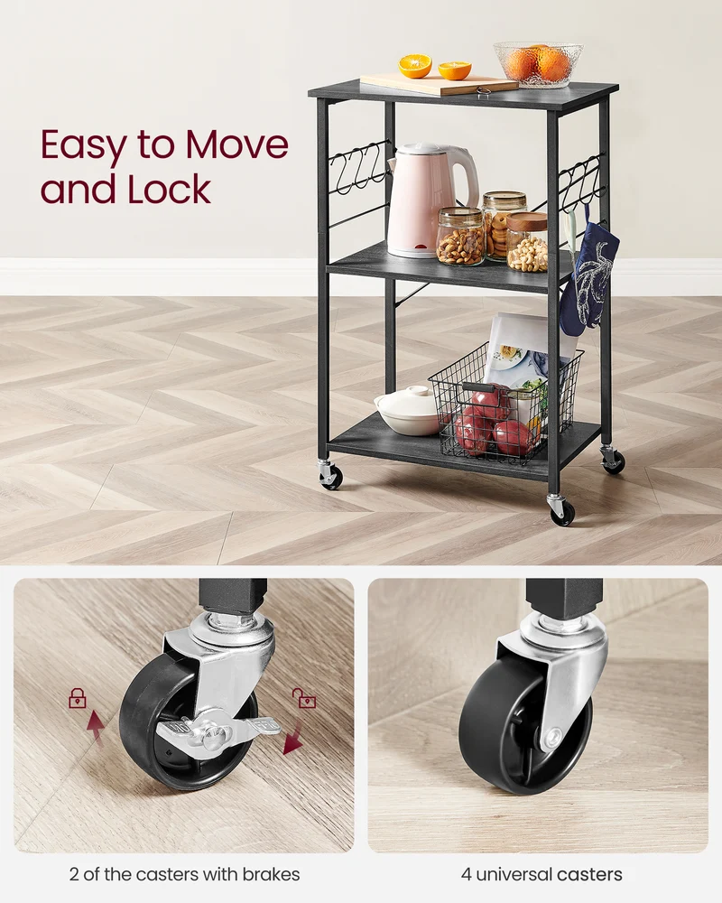 Kitchen Shelf on Wheels, Serving Cart with 3 Shelves, Kitchen Cart, Microwave Shelf, for Mini Oven, Toaster, with 6 Hooks, Industrial Stylee