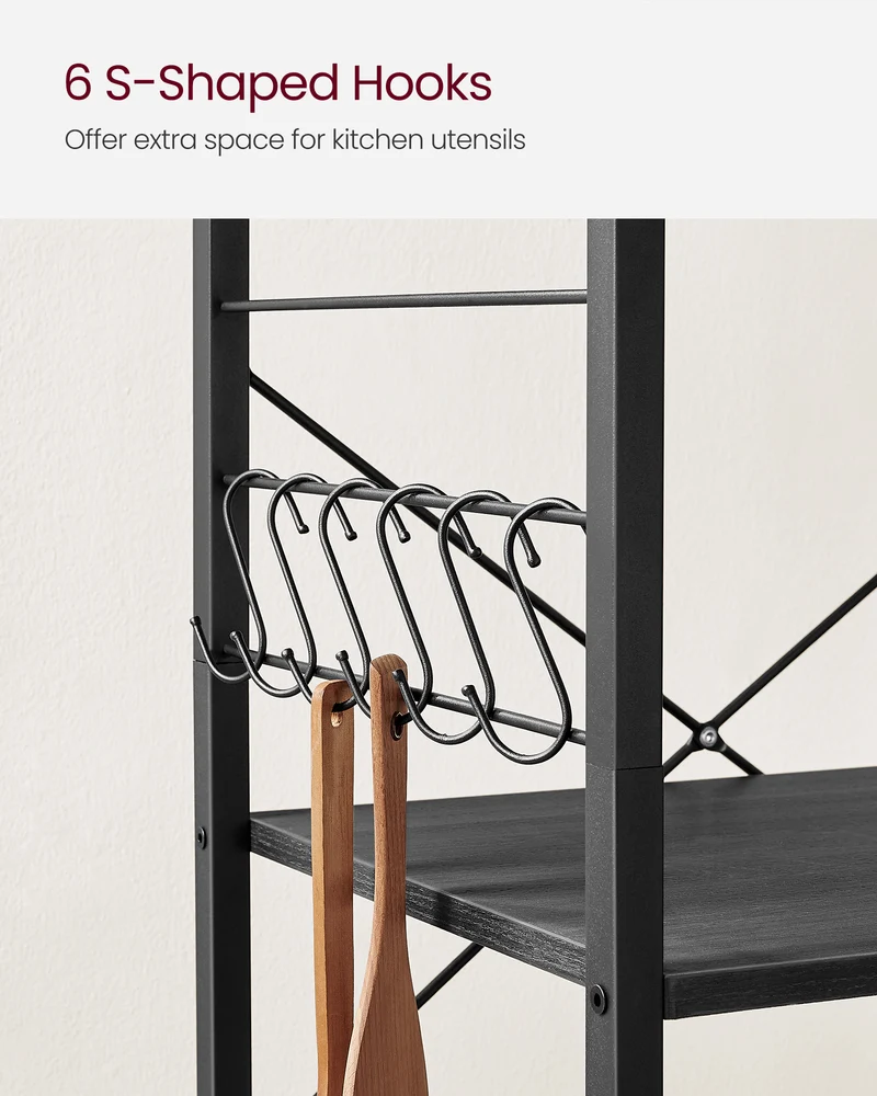 Kitchen Shelf on Wheels, Serving Cart with 3 Shelves, Kitchen Cart, Microwave Shelf, for Mini Oven, Toaster, with 6 Hooks, Industrial Stylee