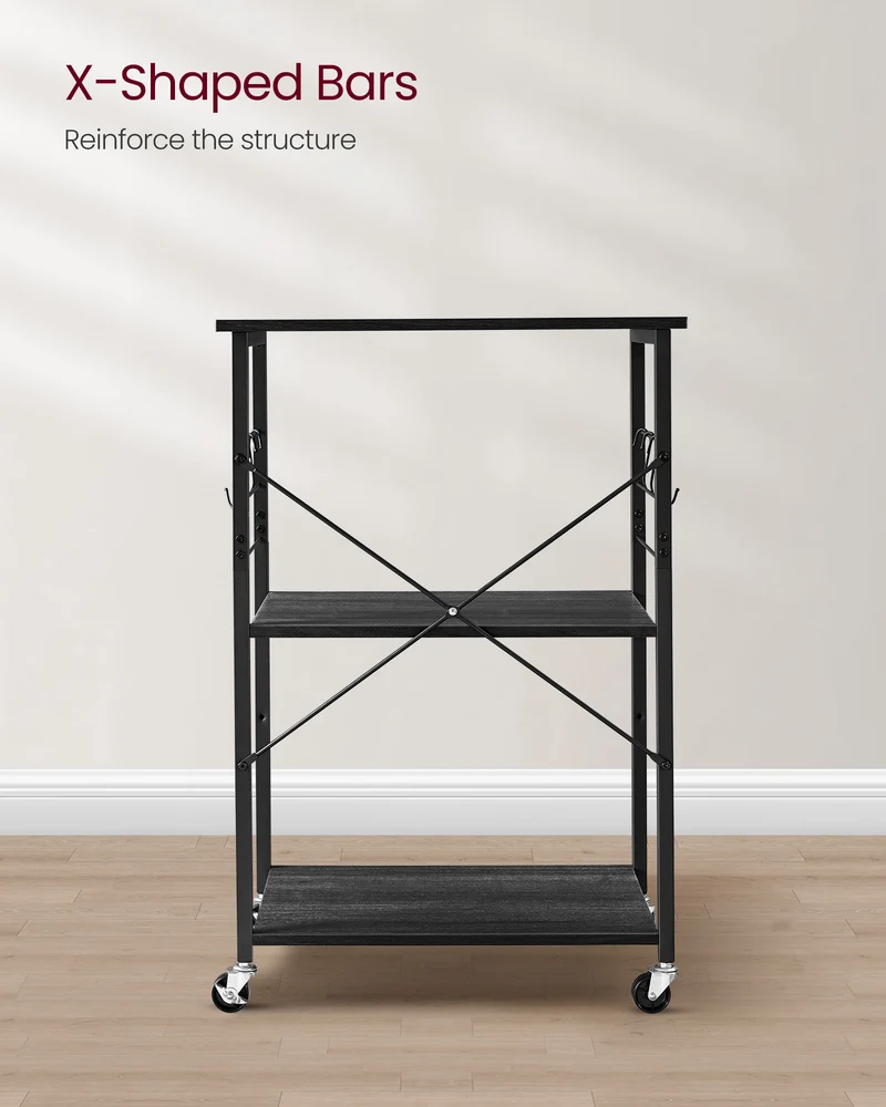 Kitchen Shelf on Wheels, Serving Cart with 3 Shelves, Kitchen Cart, Microwave Shelf, for Mini Oven, Toaster, with 6 Hooks, Industrial Stylee