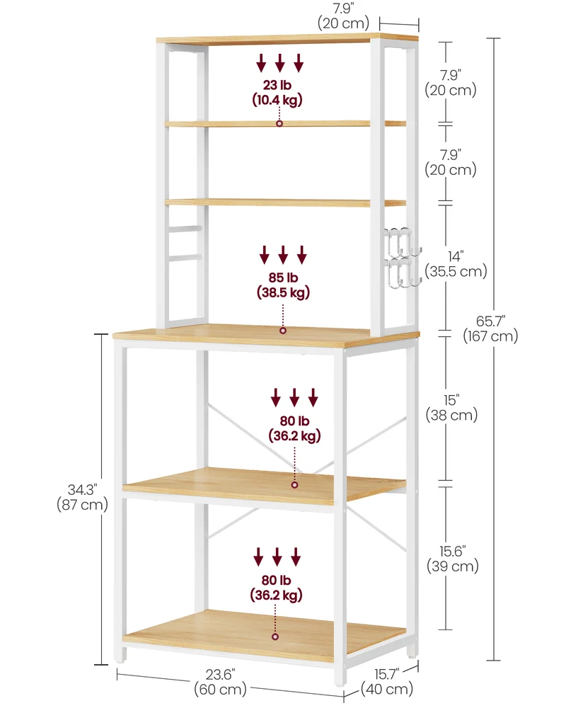 Coffee Bar, Bakers Rack for Kitchen with Storage, 6-Tier Kitchen Shelves with 6 Hooks, Microwave Stand, Industrial, Oak Color and White