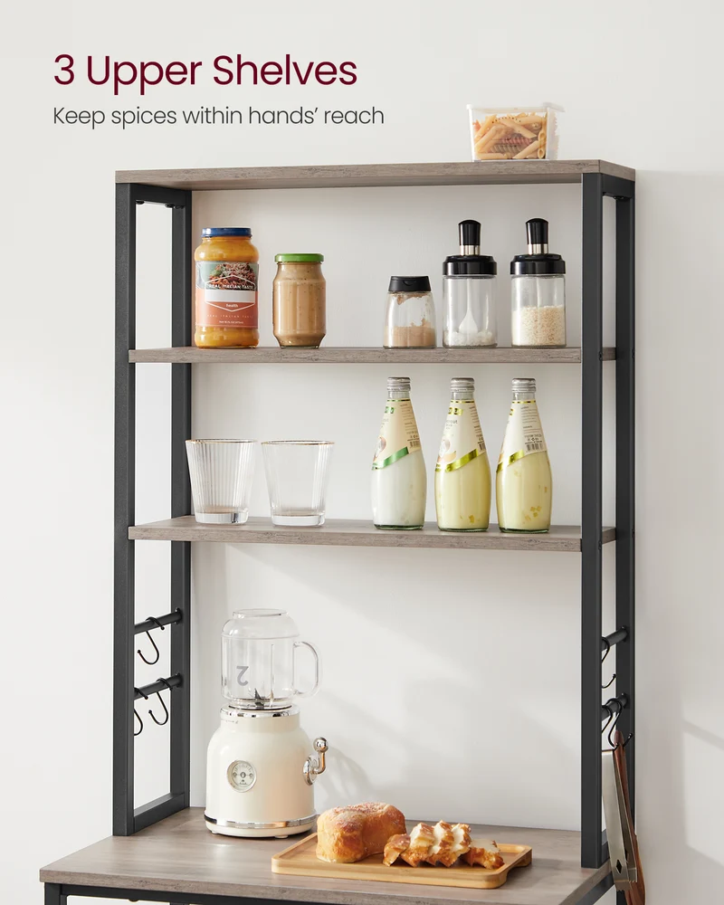 Coffee Bar, Bakers Rack for Kitchen with Storage, 6-Tier Kitchen Shelves with 6 Hooks, Microwave Stand, Industrial, Greige
