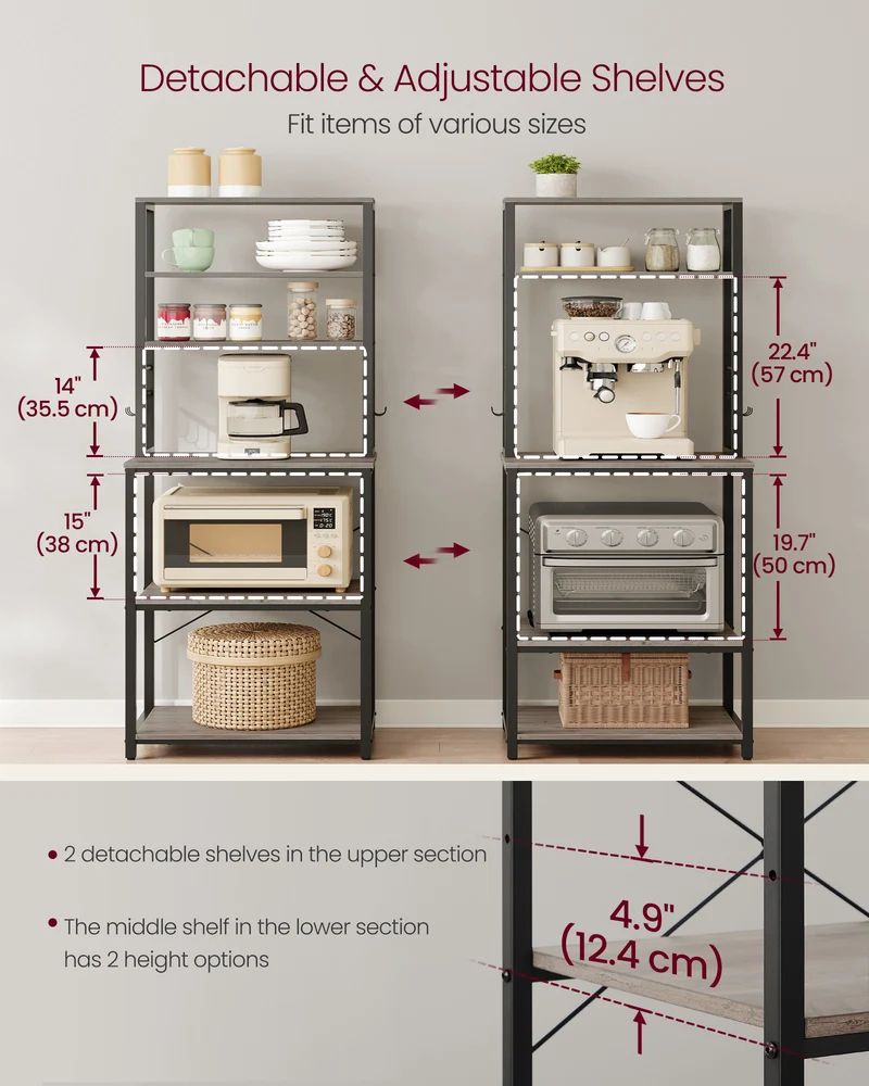 Coffee Bar, Bakers Rack for Kitchen with Storage, 6-Tier Kitchen Shelves with 6 Hooks, Microwave Stand, Industrial, Greige