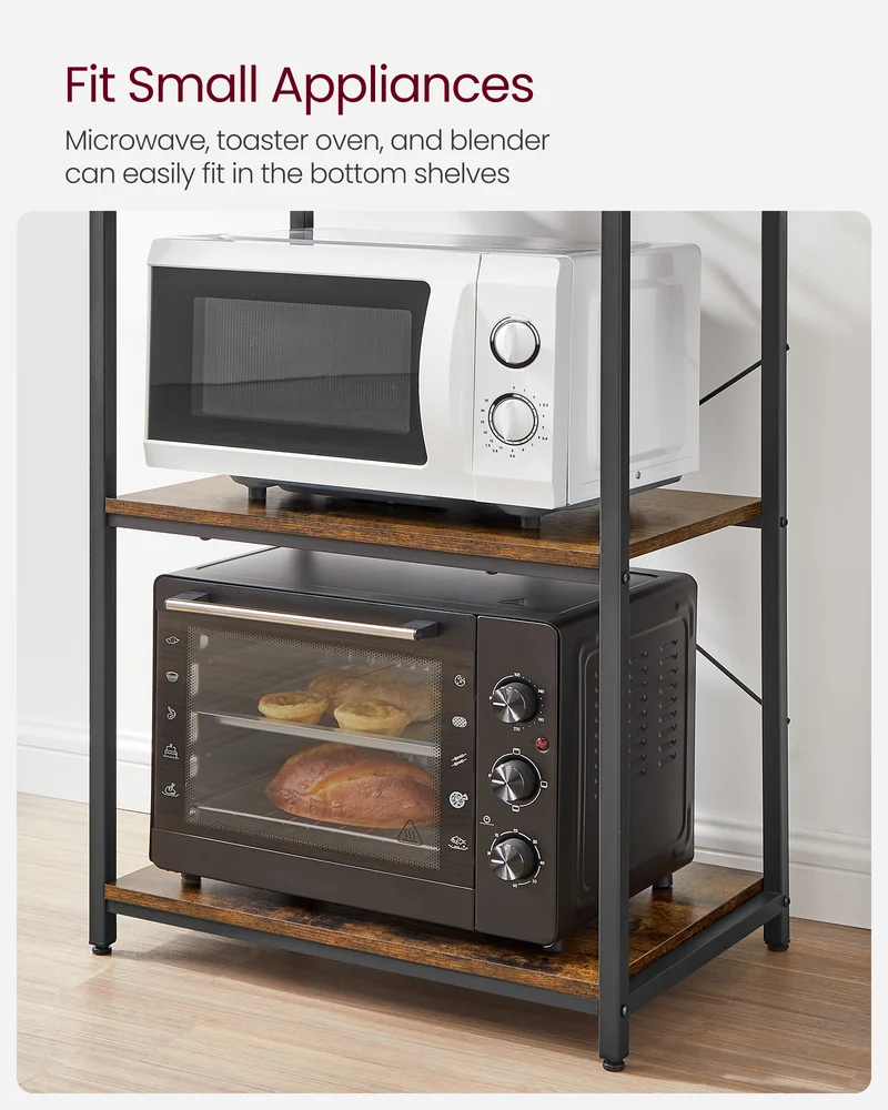 Coffee Bar, Bakers Rack for Kitchen with Storage, 6-Tier Kitchen Shelves with 6 Hooks, Microwave Stand, Industrial, Rustic Brown and Black