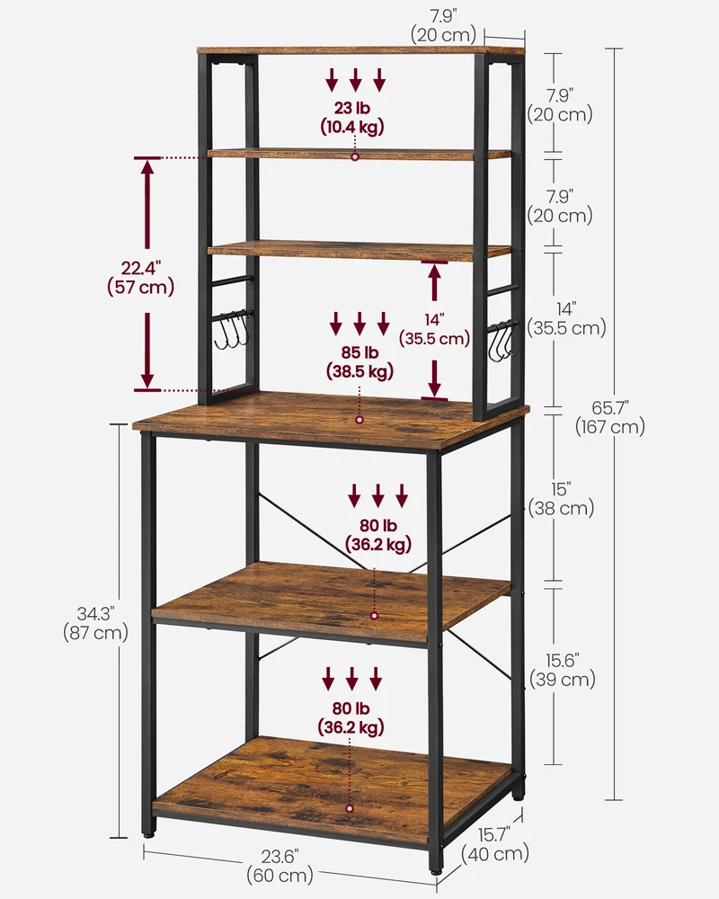 Coffee Bar, Bakers Rack for Kitchen with Storage, 6-Tier Kitchen Shelves with 6 Hooks, Microwave Stand, Industrial, Rustic Brown and Black