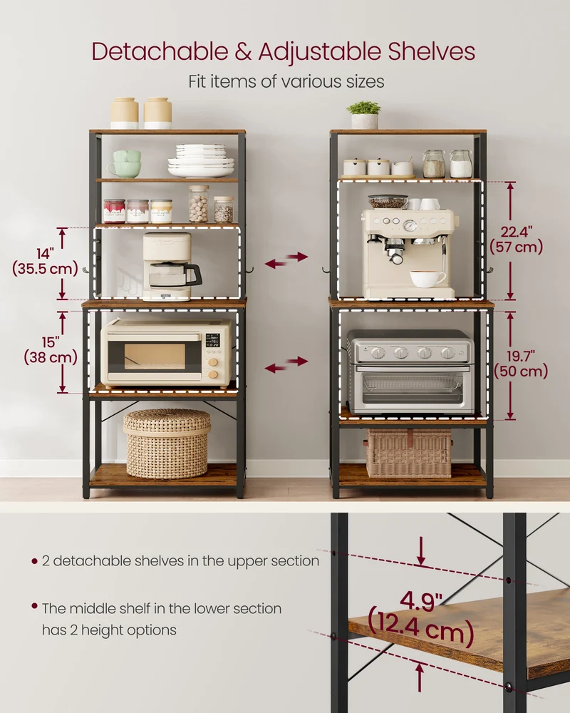 Coffee Bar, Bakers Rack for Kitchen with Storage, 6-Tier Kitchen Shelves with 6 Hooks, Microwave Stand, Industrial, Rustic Brown and Black
