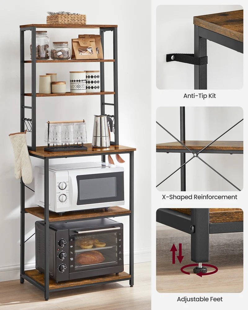 Coffee Bar, Bakers Rack for Kitchen with Storage, 6-Tier Kitchen Shelves with 6 Hooks, Microwave Stand, Industrial, Rustic Brown and Black