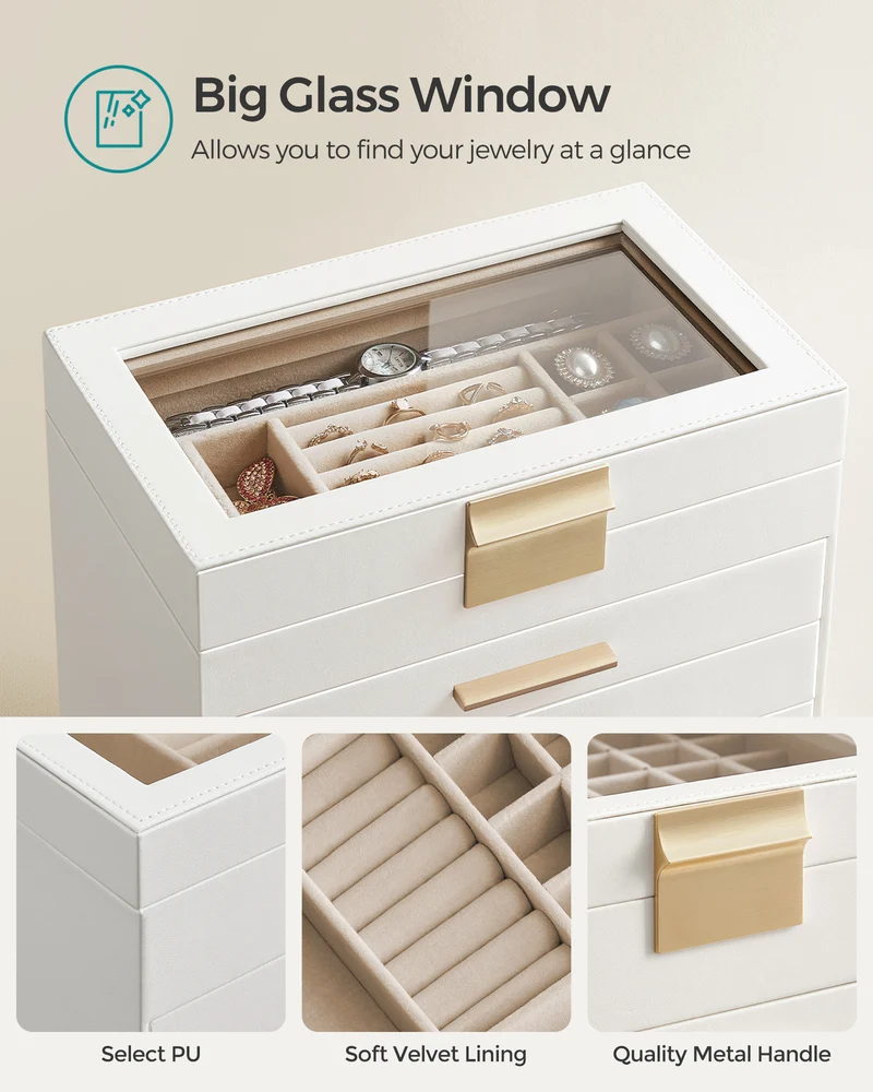 LEDREM Jewelry Box, 6-Layer Organizer with 5 Drawers for Jewelry Storage Sunglasses, Big Jewelry, Modern Style, White
