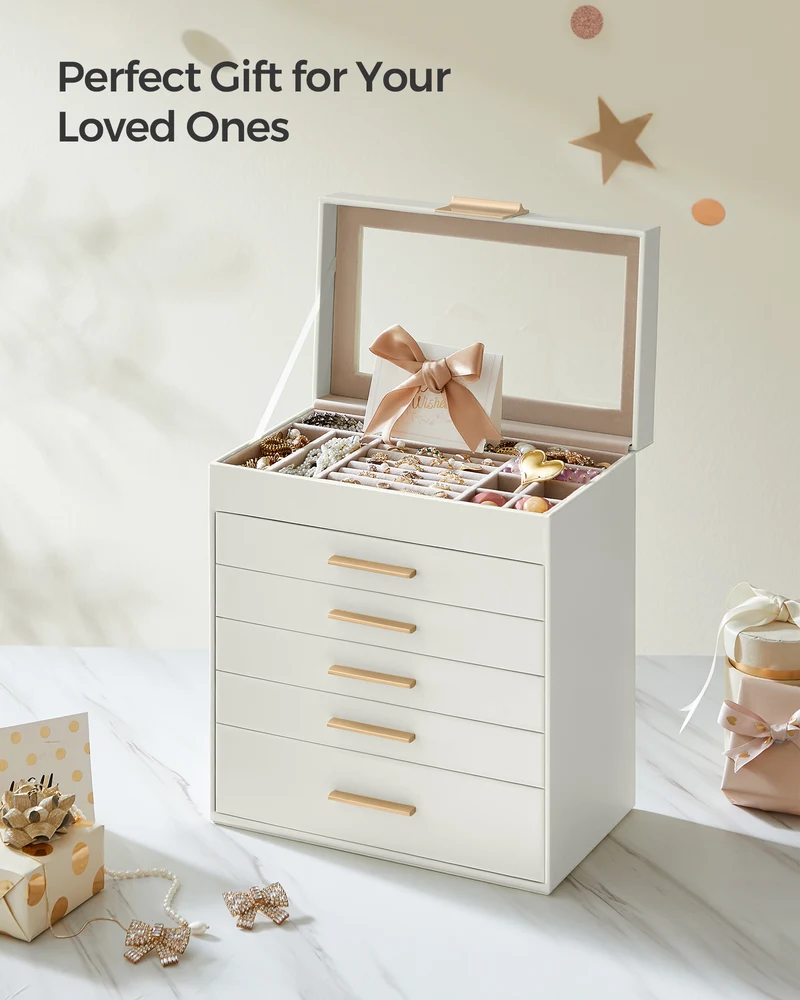 LEDREM Jewelry Box, 6-Layer Organizer with 5 Drawers for Jewelry Storage Sunglasses, Big Jewelry, Modern Style, White