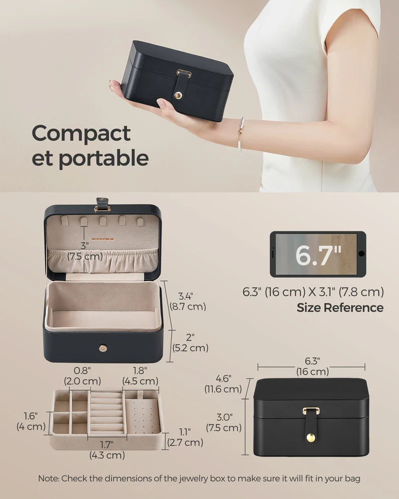 Travel Jewelry Case, Portable 2-Layer Jewelry Box, 4.6 x 6.3 x 3 Inches, Versatile Earring Storage for Larger Accessories, Gift Idea, Black