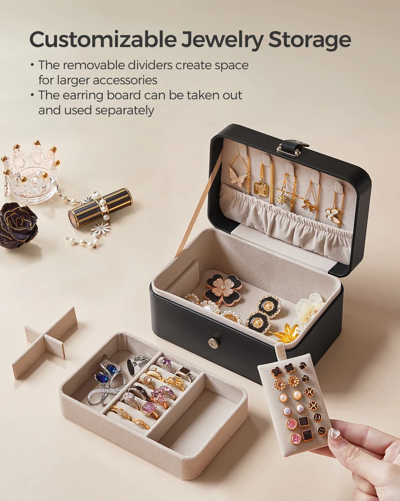 Travel Jewelry Case, Portable 2-Layer Jewelry Box, 4.6 x 6.3 x 3 Inches, Versatile Earring Storage for Larger Accessories, Gift Idea, Black