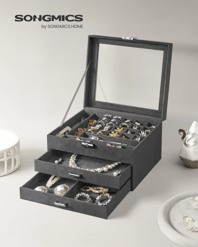 Lockable Jewelry Box, Jewelry Storage Organizer with Glass Window for Rings, Earrings, Studs, Bracelets, Necklaces, Gray