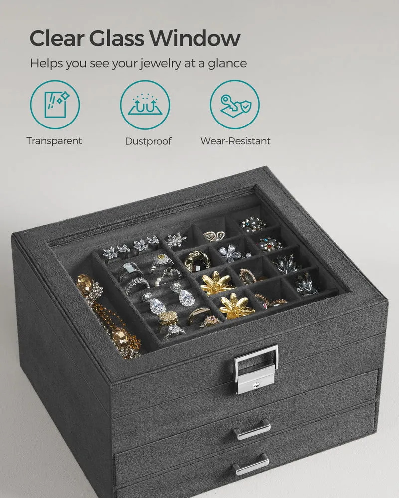 Lockable Jewelry Box, Jewelry Storage Organizer with Glass Window for Rings, Earrings, Studs, Bracelets, Necklaces, Gray