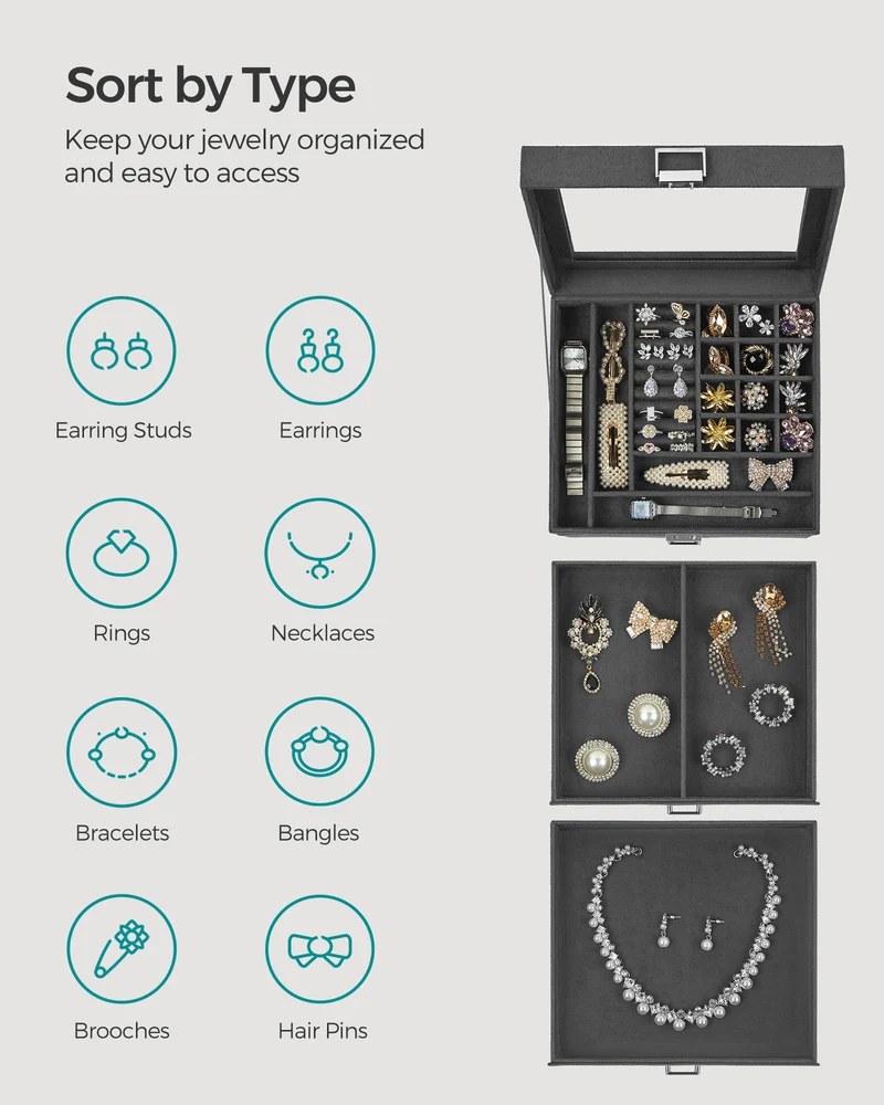 Lockable Jewelry Box, Jewelry Storage Organizer with Glass Window for Rings, Earrings, Studs, Bracelets, Necklaces, Gray