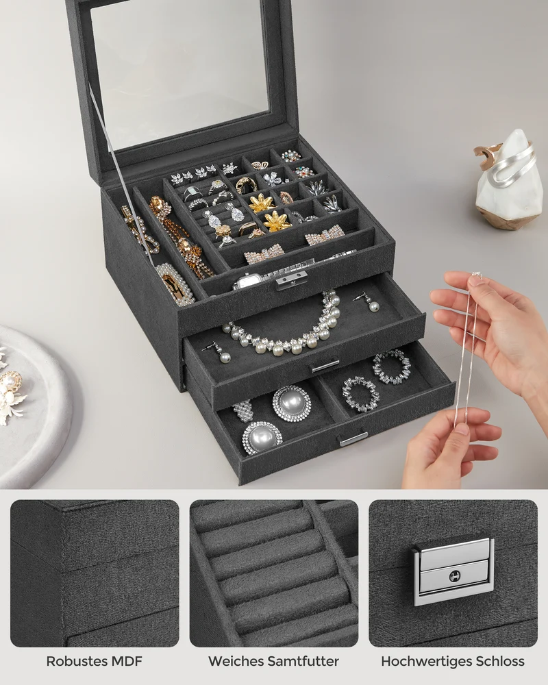 Lockable Jewelry Box, Jewelry Storage Organizer with Glass Window for Rings, Earrings, Studs, Bracelets, Necklaces, Gray