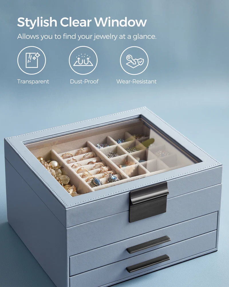 Jewelry Box with Glass Lid, 3-Layer Jewelry Organizer, 2 Drawers, for Big and Small Jewelry, Jewelry Storage,Smoky Blue and Silver