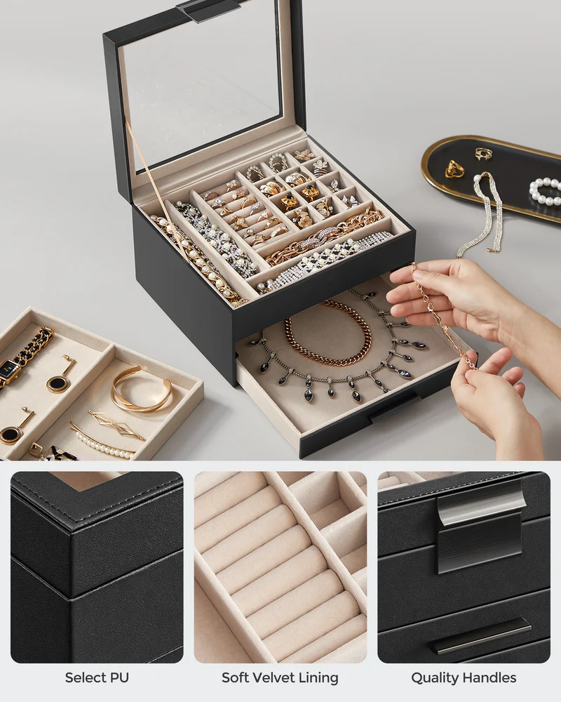 Glass Lid Jewelry Box with Glass Jewelry Organizer Case for Rings Necklaces Earrings Black and Silver