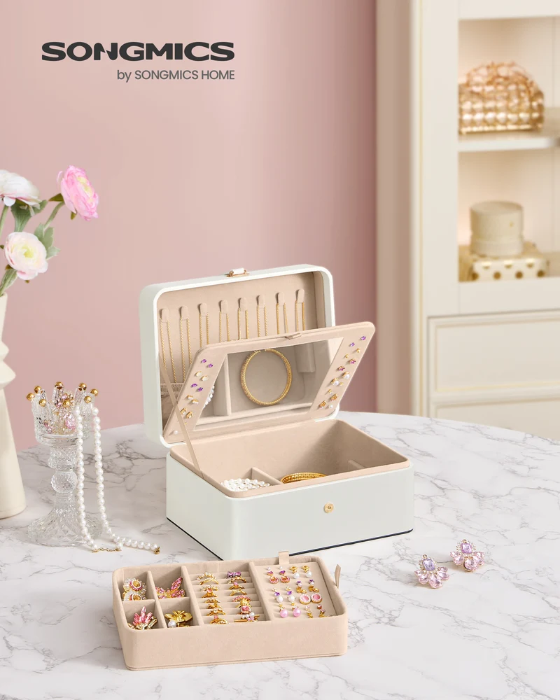 Cloud White Jewelry Box with Mirror - 2 - Layer Organizer, Travel Case. Removable Tray, 6.9 x 8.7 x 4.3 Inches, Ideal for Earring & Necklace Storage